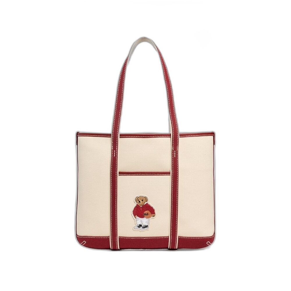 Polo Ralph Lauren Basketball Bear Small Shopper Tote Canvas Ecru/Radish NWT